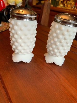 Vintage White Hobnail Milk Glass Footed Salt & Pepper Shaker Set