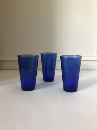 Vtg Set Of 3 Libby Blue Glass Tumblers 12oz