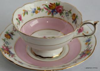 Spring Flowers With Pink Wide Mouth Tea Cup And Saucer Made In England Paragon