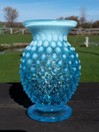 Vintage Fenton Blue Opalescent Hobnail 3 1/2” Small Bud Vase Ca.  1930 - 1955