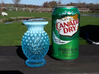 Vintage Fenton Blue Opalescent Hobnail 3 1/2” Small Bud Vase ca.  1930 - 1955 2