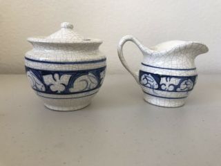 Dedham Pottery Potting Shed Cream And Sugar Bunny Rabbit Blue White Crackle