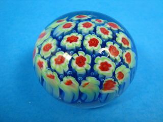 Small Glass Millefiori Paperweight Red White & Blue Flowers