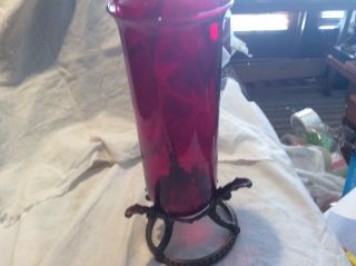 Vintage Ruby Vase In Brass Holder/stand