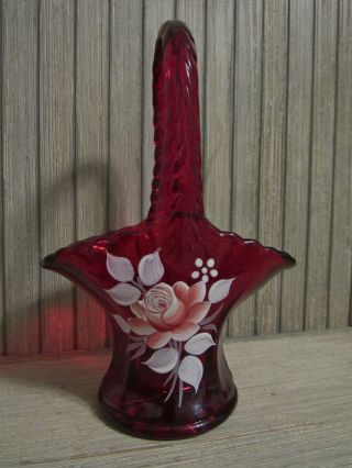 Vintage Westmoreland Ruby Red Glass Basket Hand Painted Rose Floral 1980