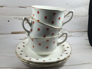 W.  S.  George Lido Made U.  S.  A.  Blushing Rose Dalrymple Pattern 3 Teacups & Saucers
