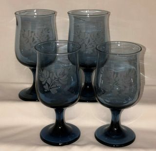 4 Pfaltzgraff Yorktowne Blue 5 1/2 " - 8 Oz Wine Goblets W/flowers