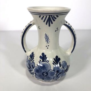 Vintage Delft Holland Handpainted Blue Floral 5 " Vase Double Handle Delftware