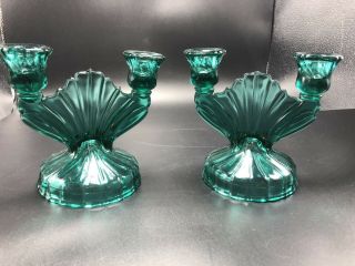 Depression Glass Jeannette Swirl Ultramarine Double Candlestickteal Set Of 2
