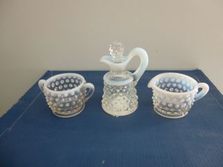 Vintage Anchor Hocking Moonstone Pitcher,  Cream And Sugar Bowls.  41/2 " Tall X 4
