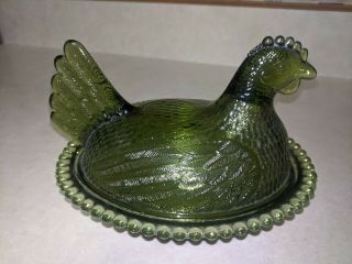 Vintage Indiana Green Glass Hen On A Nest