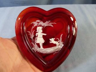 Westmoreland Ruby Glass Heart Painted Pin Tray Mary Gregory Girl W/ Dog L.  Plues