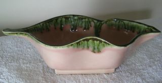 Vintage Art Pottery Leaf Shape Dish Pink Volcanic Green Glaze Finish Usa 703