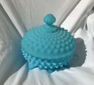 1970s Fenton Hobnail Blue Satin Footed Candy Dish
