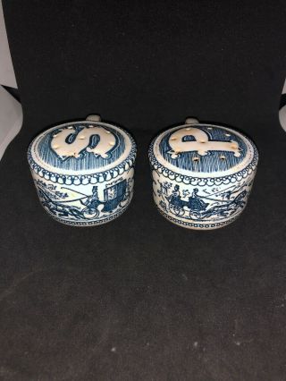 Currier And Ives Royal China Salt And Pepper Shakers W/ Stoppers Blue And White