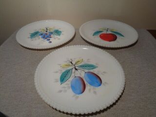 3 Vintage Westmoreland Milk Glass Beaded Edge Plates / Hand Painted Fruit
