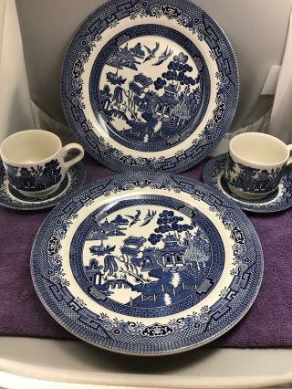 Churchill Blue Willow Made In England 6 Piece Set - Dinner Plates,  Cups & Saucers