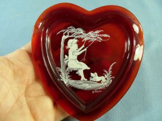 Westmoreland Ruby Glass Heart Painted Pin Tray Mary Gregory Girl On Swing Plues