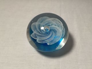 Round Glass Paperweight With White Flower