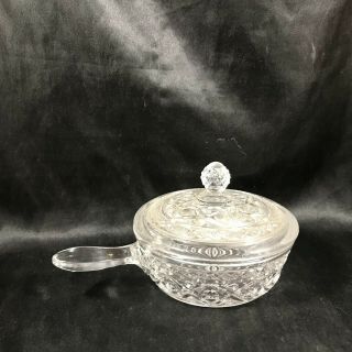 Vintage Clear Pressed Glass Covered Candy Dish Skillet Fry Pan Shape