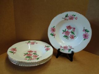 1950s Homer Laughlin Apple Blossom Liberty Pink Flower Rimmed Soup Bowl Set Of 4