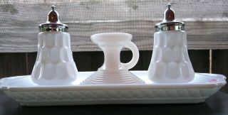 (4) White Milk Glass Salt Pepper Shaker,  Condiment Tray,  And Candlestick Holder
