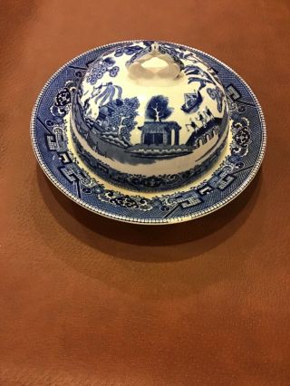 Vintage Buffalo Pottery Semi Vitreous Blue Willow Round Covered Butter Dish