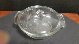 Vtg Anchor Hocking Round Clear Glass Casserole 2 Qt 9 " Square Knob On Lid Usa