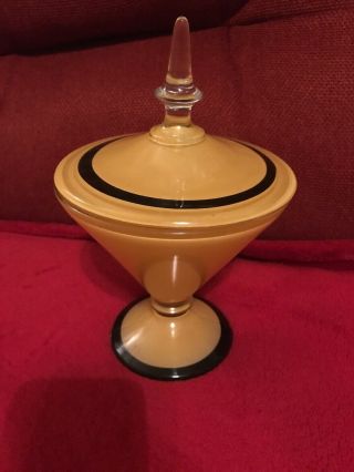 Vintage Art Deco Candy Dish W/ Lid Art Approx 8” Tall Yellow Glass Black Rim