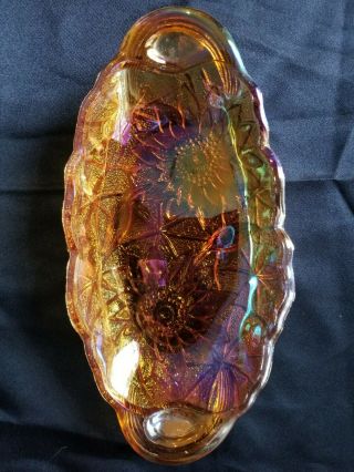 Vintage Embossed Iridescent Marigold Sunflower Carnival Glass Relish Tray