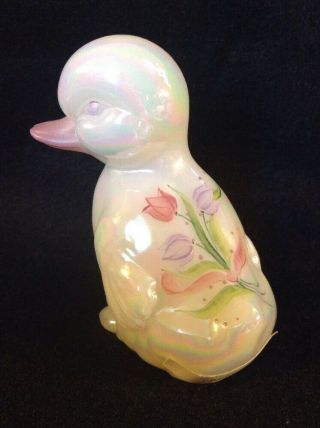 Vintage Fenton Glass Iridescent White Duck Duckling Hand Painted Pink Flowers