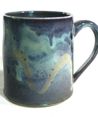 Hand Thrown Studio Pottery 4 " Mug Blue Purple Tan Abstract 15 Ounce
