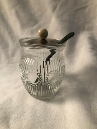 Vintage Glass Jam Jelly Condiment Jar Ribbed Glass W/ Metal Lid And Spoon