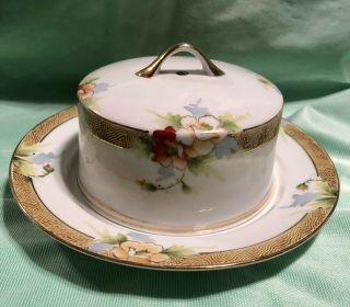 Nippon Porcelain Floral Hand Painted Covered Cheese Butter Dish & Lid Gold Trim