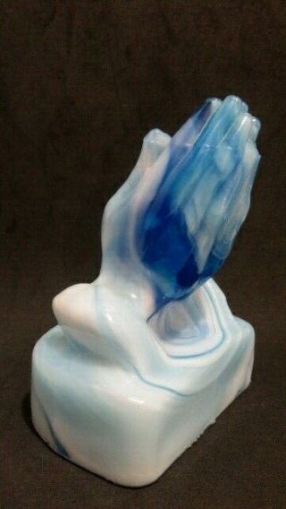 Vintage Blue & White Slag Glass Praying Hands Art Glass Paperweight