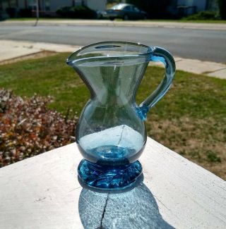 Antiquehandblown Glass Creamer Small Pitcher Clear Blue/gray.  Applied Handle