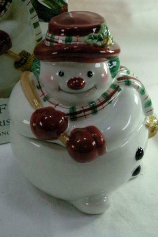 Fitz And Floyd Plaid Christmas Snowman Candy Jar Boxed
