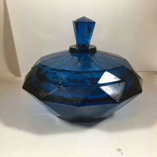 Vintage Heavy Cobalt Blue Glass Diamond Starburst Covered Candy Dish