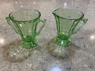 Hocking Glass Co.  Green Depression Glass Creamer & Sugar Bowl Block Optic C.  1929