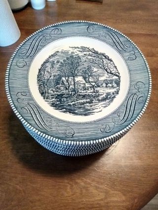 4 Currier & And Ives Blue Dinner Plates 10 " Royal China Old Grist Mill