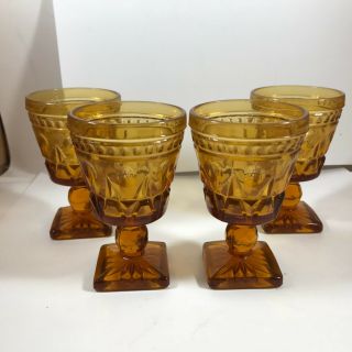 Set Of 4 Vintage Amber Glass 4 - 1/2 " Mini Goblets With Pedestal Base