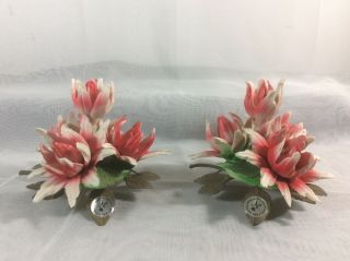 Vintage Capodimonte Porcelain Red White & Brass Leaves Flower Figurine Italy