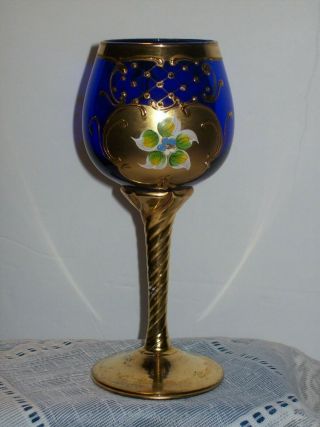 Vintage Tall Cobalt Blue Wine Glass W/ Gold Twisted Stem - Hand Painted Gold Tri