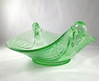 Vintage Rare Green Depression Glass Candy Dish Double Swan Bird Head Handles