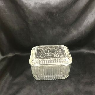 Vintage Federal Clear Glass Ribbed Refrigerator Dish W/ Fruit Lid