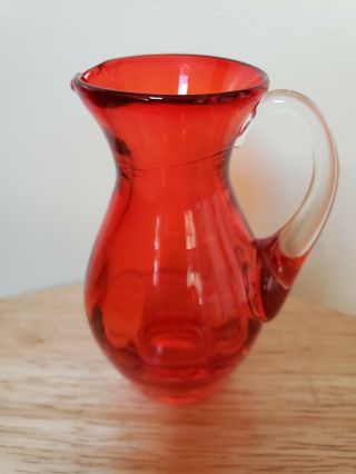 Vintage Hand Blown Small Red Pitcher With Clear Glass Handle - 4 Inch