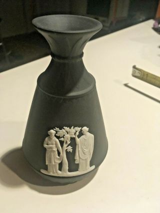 Vintage Wedgwood Jasperware White On Black 4 " Ridged Rare Vase Grecian