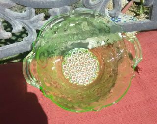 Vintage Green Depression Vaseline Glass Etched Bowl With Handles