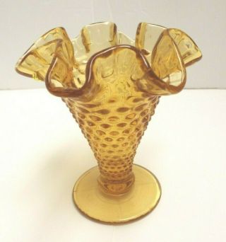 Fenton And Hobnail Horn Vase In Amber 4 " Tall