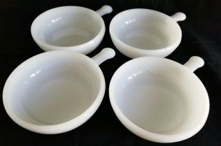 Vintage Set Of 4 White Milk Glass Bowls Handles Soup Cereal Chili Glasbake
